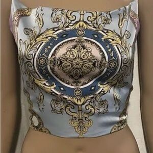 Rachel Zoe Light Blue Baroque Print spaghetti strap crop top Camisole size L